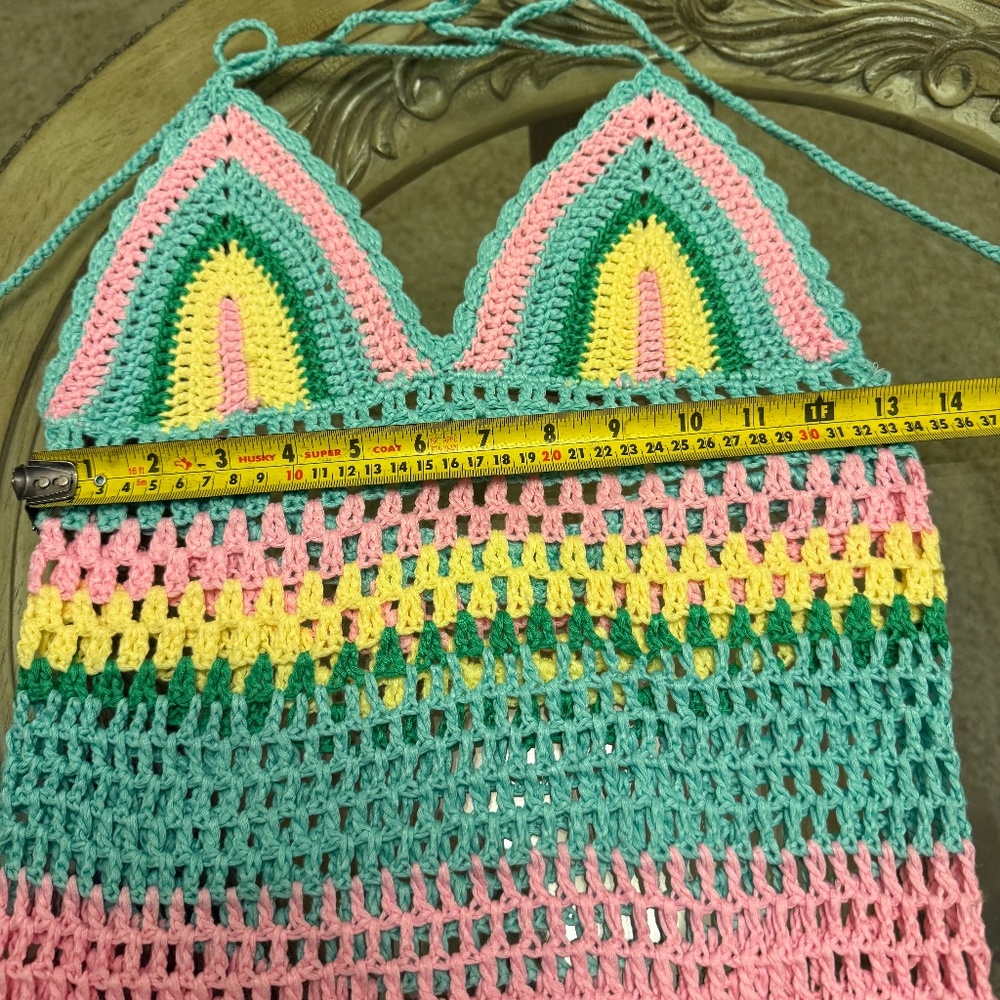 Crochet Fringe Swim Coverup Dress in Mint, Pink & Yellow - Picture 9 of 9